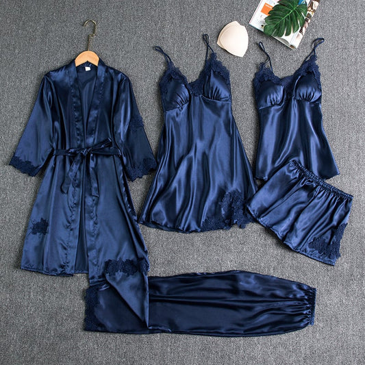 🔥🌹Oferta Walentynkowa💕Damska seksowna 5-częściowa sukienka nocna z lodowego jedwabiu