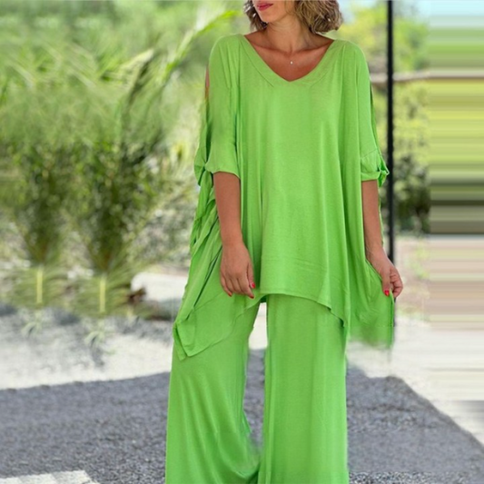 💝 Damski dwuczęściowy luźny top casualowy ze spodniami z szerokimi nogawkami