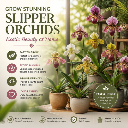 Mieszane kolorowe nasiona rzadkiej orchidei pantofelkowej – zachwycające, dopasowane kolory, łatwe w uprawie w pomieszczeniach