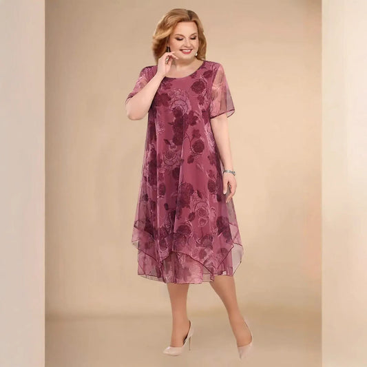 Elegancka asymetryczna sukienka z szyfonu z krótkim rękawem i kwiatowym wzorem