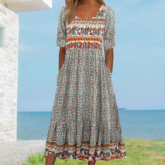 🌸 Elegancka sukienka damska z nadrukiem boho