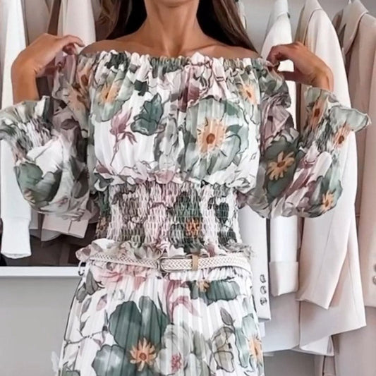 🌸Kwiatowy top z odkrytymi ramionami i dwuczęściowy komplet z długą spódnicą