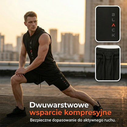 Męski sportowy komplet – bezrękawnik z kapturem i szorty