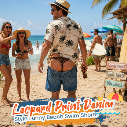 Zabawne dżinsowe szorty kąpielowe z nadrukiem w panterkę | Nowość Illusion Beach Trunks