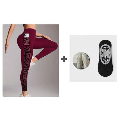 Damskie legginsy do jogi z wysokim stanem i kieszeniami, z siateczki