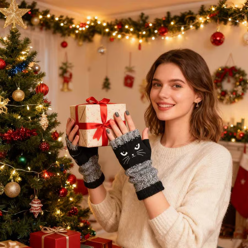 🐱 Śliczne damskie rękawiczki dzianinowe w kształcie kota🧤🧶