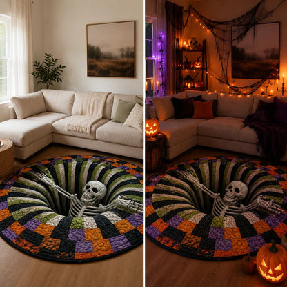 🔥Ostatnia wyprzedaż🎃Pikowany okrągły dywan na Halloween z trójwymiarowym szkieletem i spiralą
