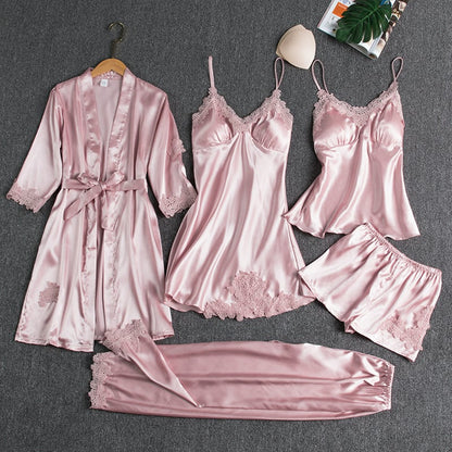 🔥🌹Oferta Walentynkowa💕Damska seksowna 5-częściowa sukienka nocna z lodowego jedwabiu