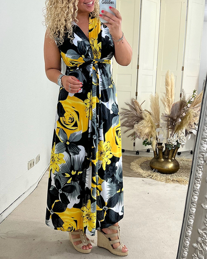 💗Elegancka plisowana sukienka bez rękawów w kwiatowy print