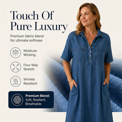 👗 TERAZ 60% ZNIŻKI! 👖 Sukienka koszulowa midi z jeansu z kieszeniami – Miękki jeans i luźny krój – Funkcjonalne kieszenie, idealna na co dzień – wygodna i uniwersalna ✨🌸