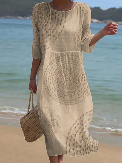 Women's Casual Solid Color Round Neck Mid Sleeve Floral Print Cotton and Linen Dress