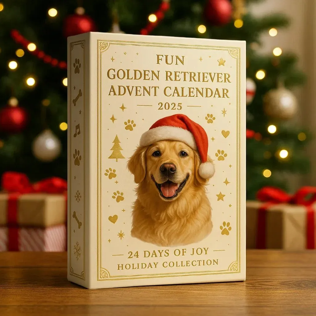 Zabawny kalendarz adwentowy z golden retrieverem na rok 2025