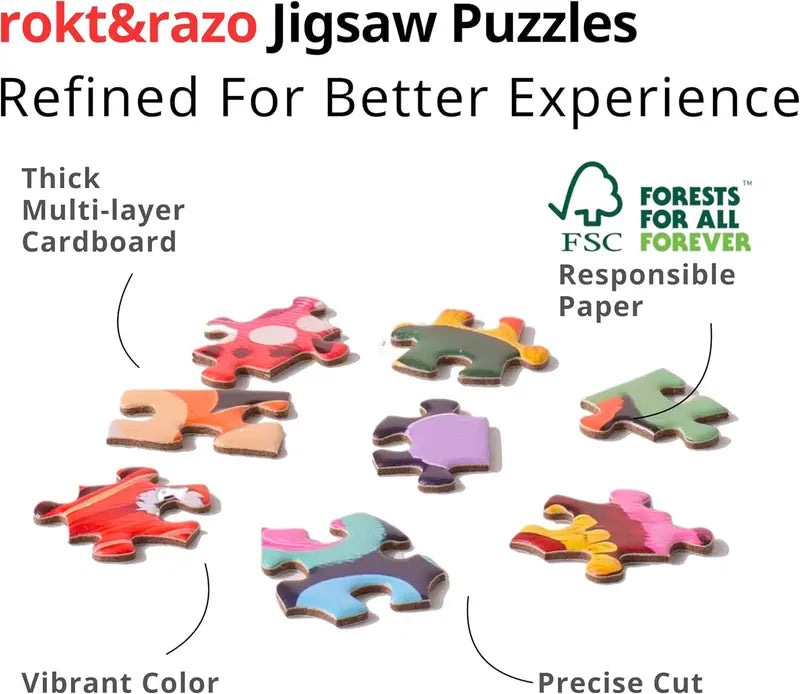 Rokt&razo Travel Series, 24 mini puzzle po 1000 elementów, 8 naklejek, 3 tematy: parki narodowe, światowe dziedzictwo, globalna wycieczka po mieście