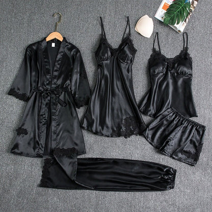 🔥🌹Oferta Walentynkowa💕Damska seksowna 5-częściowa sukienka nocna z lodowego jedwabiu