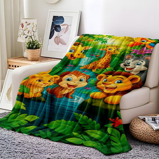Pluszowy flanelowy koc z kreskówkowym wzorem dżungli