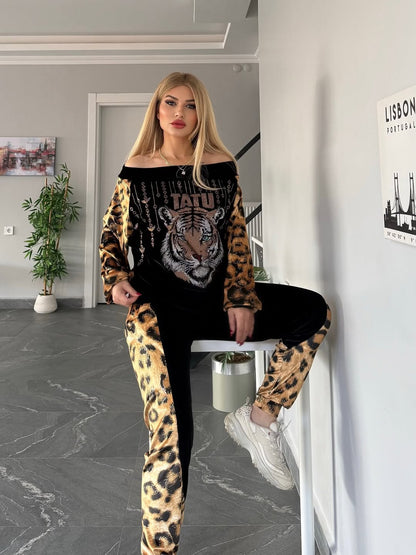 Damski, modny, sportowy garnitur w panterkę z głową tygrysa