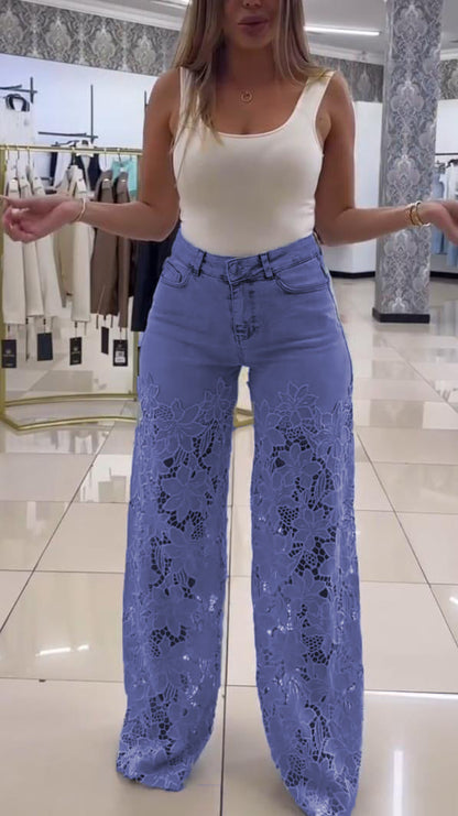 Damskie eleganckie koronkowe jeansy