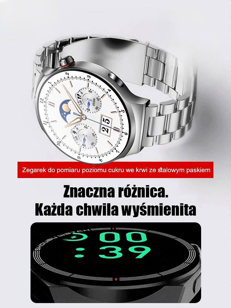 Zegarek z paskiem stalowym do monitorowania poziomu glukozy we krwi