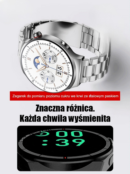 Zegarek z paskiem stalowym do monitorowania poziomu glukozy we krwi