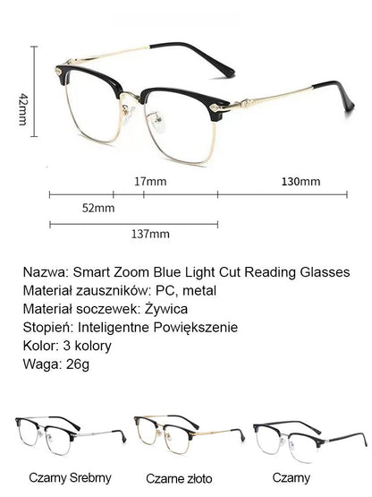 Automatyczne okulary do czytania z funkcją powiększania i filtrem światła niebieskiego