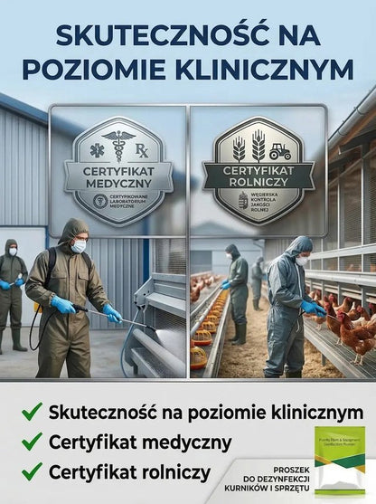 Wysoko wydajny proszek dezynfekujący do hodowli drobiu Zapewnij swoim ptakom czyste i zdrowe środowisko hodowlane – skuteczna dezynfekcja na wyciągnięcie ręki! Bezpieczna ochrona Twojej hodowli – skutecznie eliminuj bakterie i wirusy!