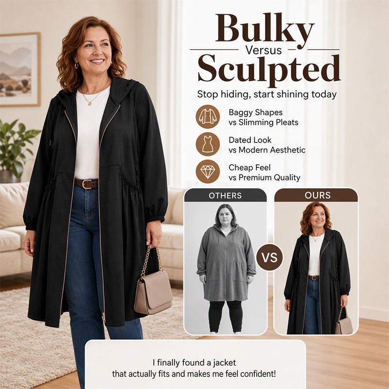 Damski luźny, swobodny płaszcz z kapturem o średniej długości