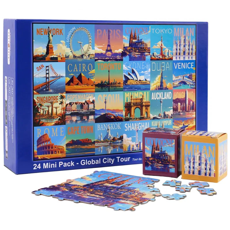 Rokt&razo Travel Series, 24 mini puzzle po 1000 elementów, 8 naklejek, 3 tematy: parki narodowe, światowe dziedzictwo, globalna wycieczka po mieście