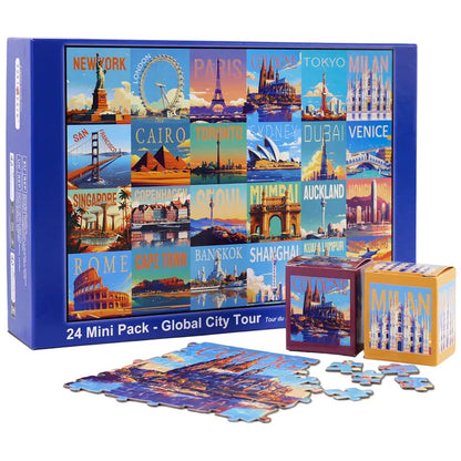 Rokt&razo Travel Series, 24 mini puzzle po 1000 elementów, 8 naklejek, 3 tematy: parki narodowe, światowe dziedzictwo, globalna wycieczka po mieście