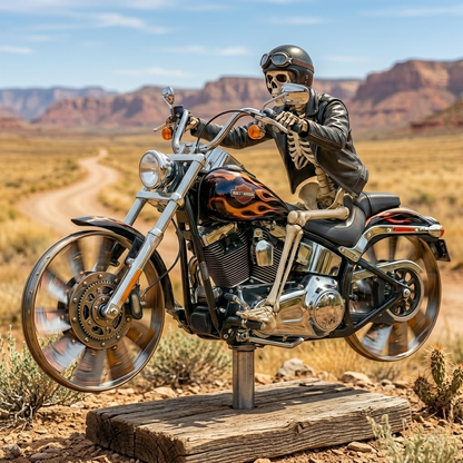 Kombinezon ze skóry szkieletu jadący motocyklem w wiatraku ogrodowym