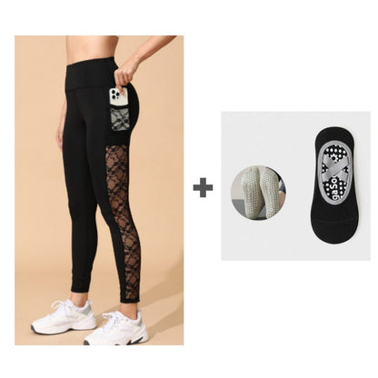 Damskie legginsy do jogi z wysokim stanem i kieszeniami, z siateczki