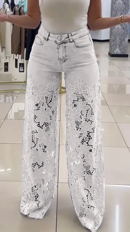 Damskie eleganckie koronkowe jeansy