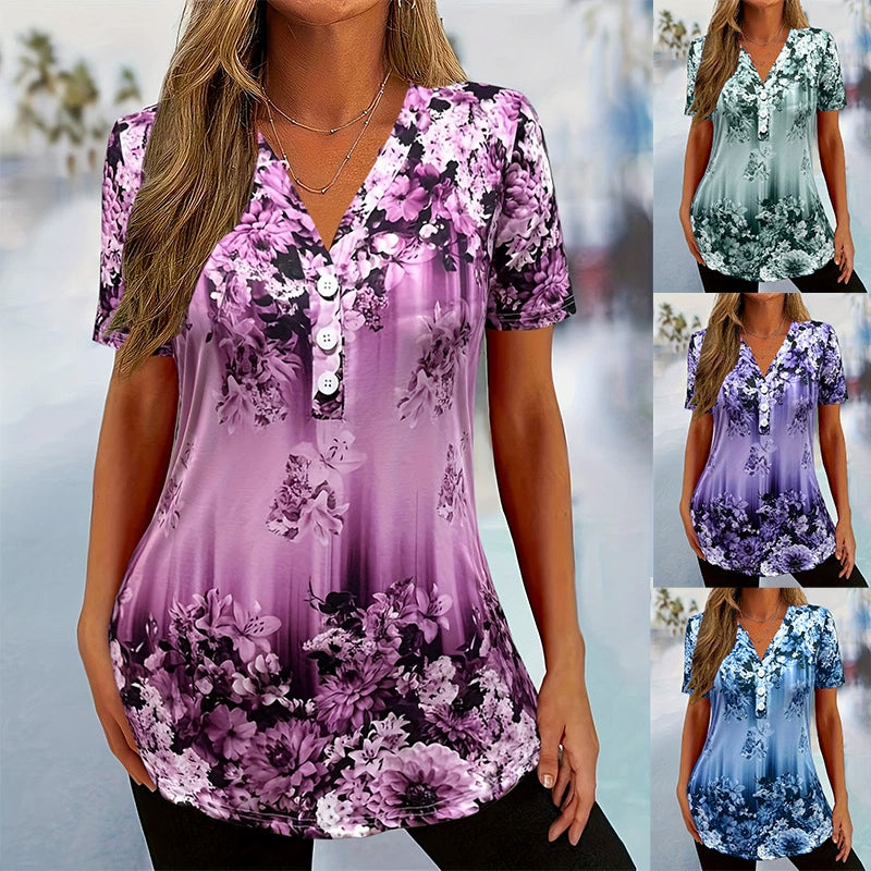 👚 60% ZNIŻKI! 🌸 Elegancki damski top z krótkim rękawem i kwiatowym nadrukiem - lekki materiał, romantyczny design, idealny na ciepłe dni ☀️