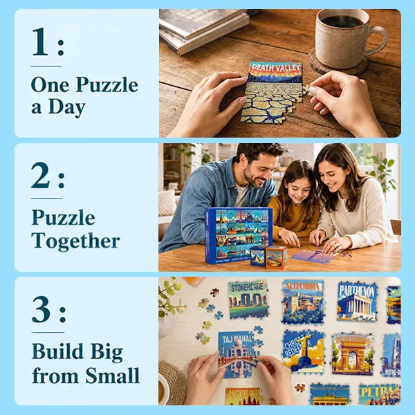 Rokt&razo Travel Series, 24 mini puzzle po 1000 elementów, 8 naklejek, 3 tematy: parki narodowe, światowe dziedzictwo, globalna wycieczka po mieście