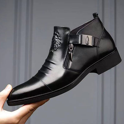 Męskie skórzane buty z podwójnym zamkiem i szpiczastym noskiem