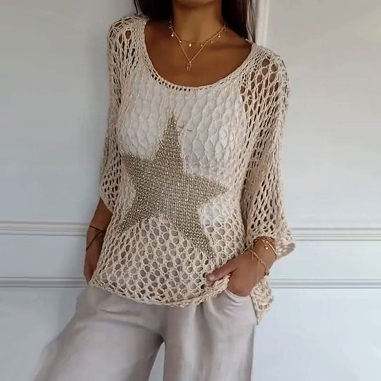 🌟👚 Modny damski top z szydełkową dzianiną na szydełku z okrągłym dekoltem