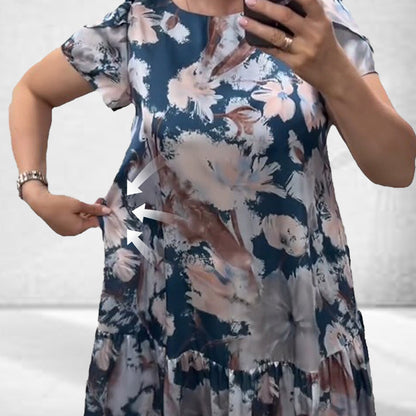 🌸Kwiatowa sukienka z krótkimi rękawami, okrągłym dekoltem, luźny krój🌟