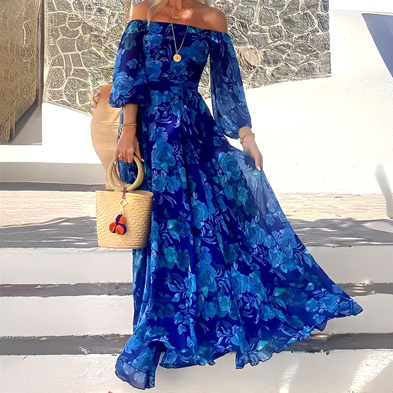 👗Elegancka, bez ramiączek, długa sukienka z powiewającymi kwiatowymi wzorami
