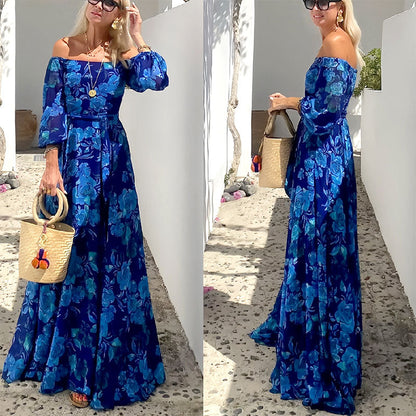 👗Elegancka, bez ramiączek, długa sukienka z powiewającymi kwiatowymi wzorami