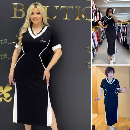 Modna damska sukienka o dopasowanym kroju w paski z dekoltem w kształcie litery V