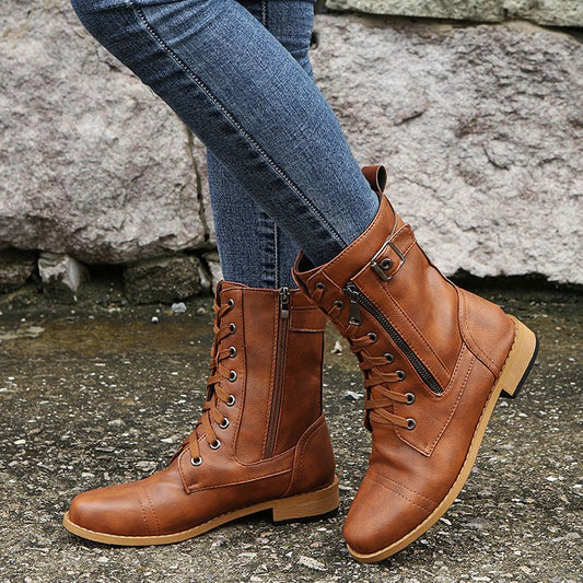 Damskie skórzane buty ortopedyczne z okrągłym noskiem i bocznym zamkiem błyskawicznym👢