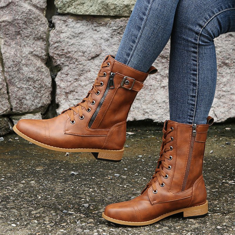 Damskie skórzane buty ortopedyczne z okrągłym noskiem i bocznym zamkiem błyskawicznym👢