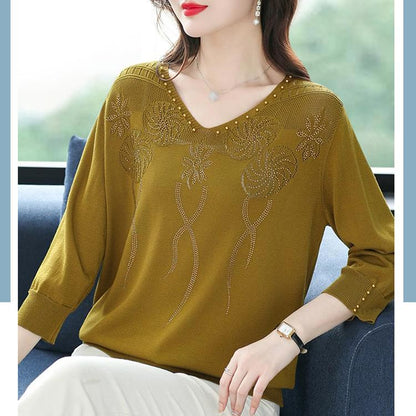 💖Damski sweter w stylu vintage z koralikami i dekoltem w serek
