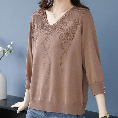 💖Damski sweter w stylu vintage z koralikami i dekoltem w serek