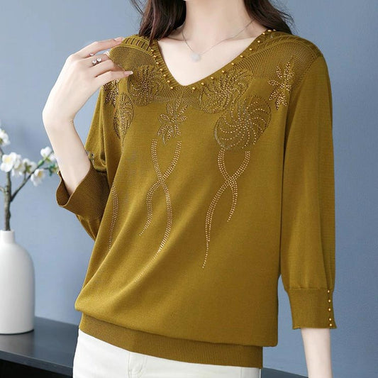 💖Damski sweter w stylu vintage z koralikami i dekoltem w serek