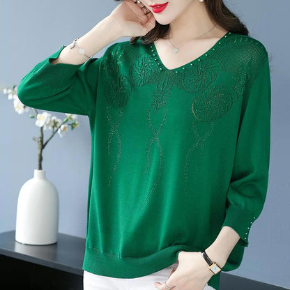 💖Damski sweter w stylu vintage z koralikami i dekoltem w serek
