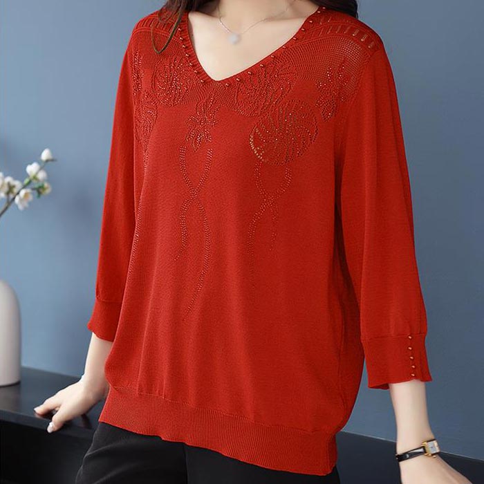 💖Damski sweter w stylu vintage z koralikami i dekoltem w serek