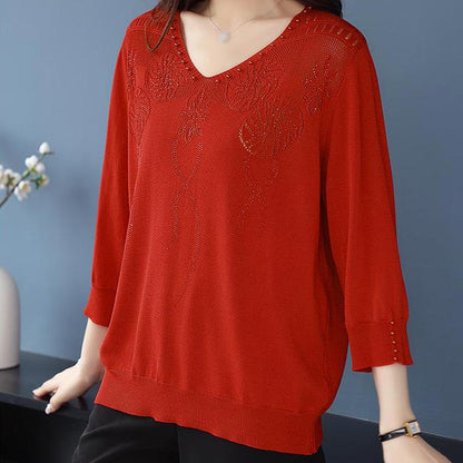 💖Damski sweter w stylu vintage z koralikami i dekoltem w serek