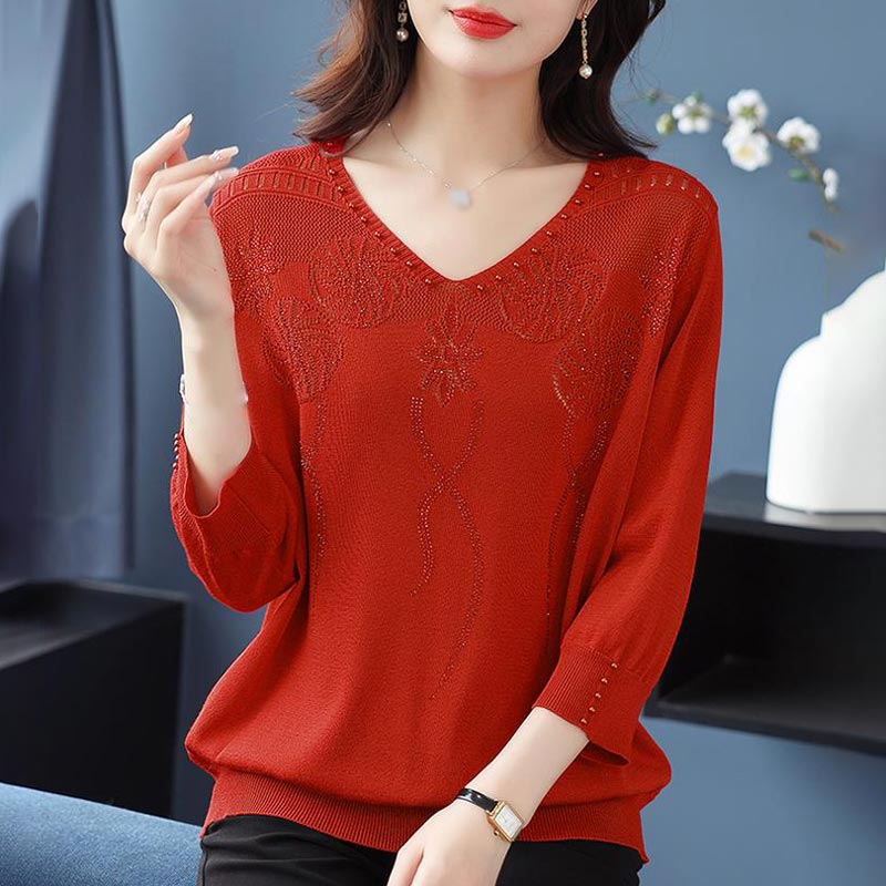 💖Damski sweter w stylu vintage z koralikami i dekoltem w serek