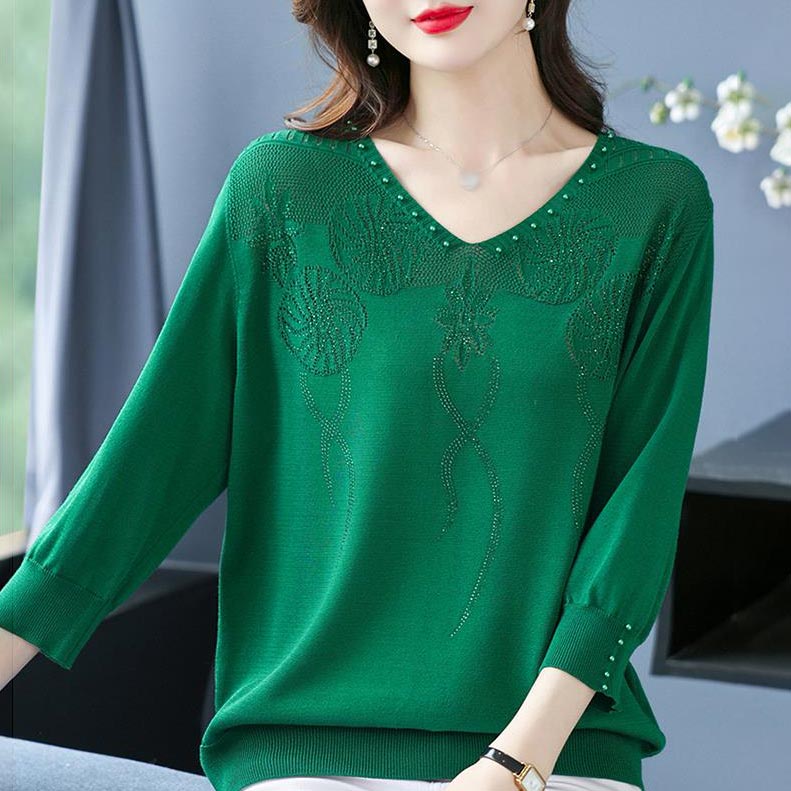 💖Damski sweter w stylu vintage z koralikami i dekoltem w serek