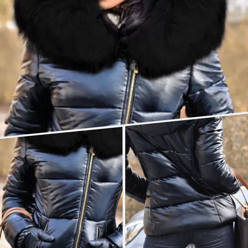 Damska, swobodna, ciepła kurtka z dużym futrzanym kołnierzem i kapturem